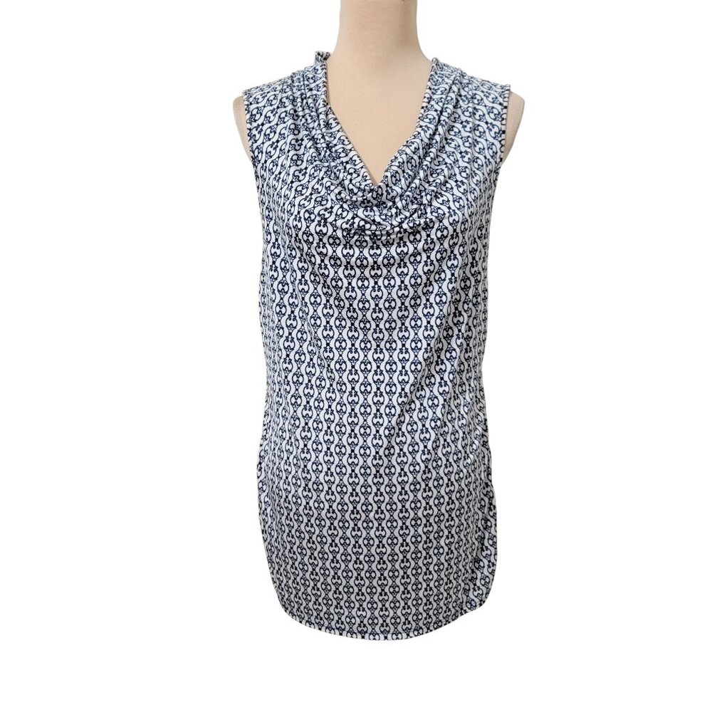 Dana Buchman Size L Blue White Draped Neck Ruched Sides Sleeveless Blouse